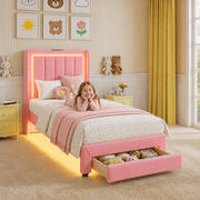 Twin Bed Frame with Motion Sensor Light, UHOMEPRO Upholstered Platform Bed with Charging Station and Wooden Storage Drawer, No Box Spring Needed, Pink