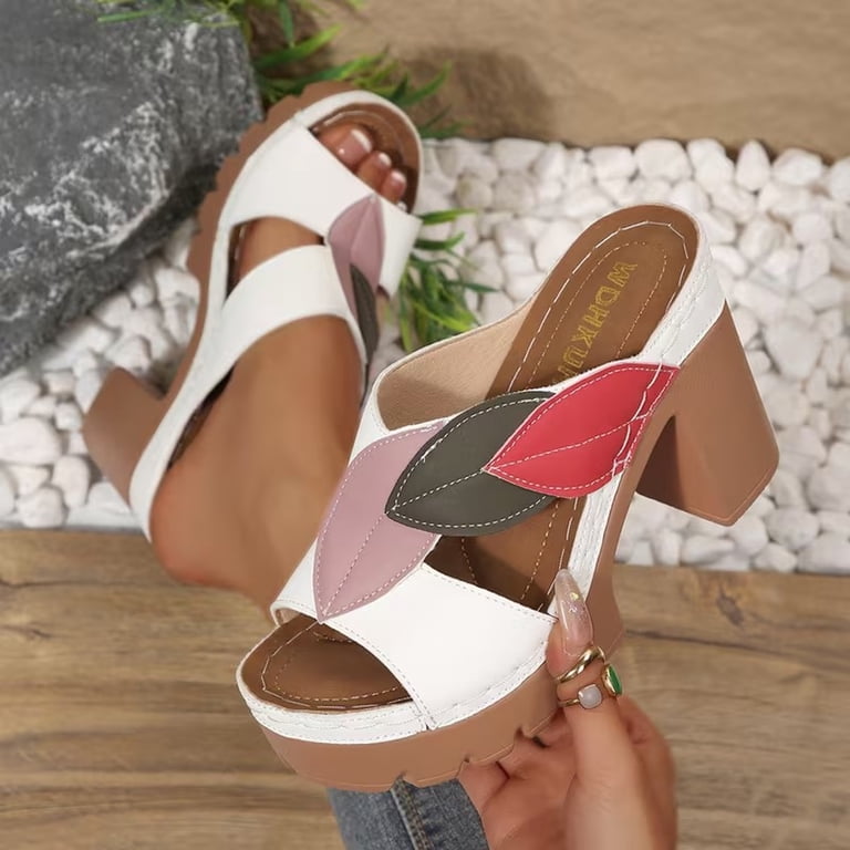 Modisza Chunky Block Heels for Women Color Blocking Platform High Heel Slides Non Slip Summer Dress Shoes for Ladies Outdoor Size 7 Black