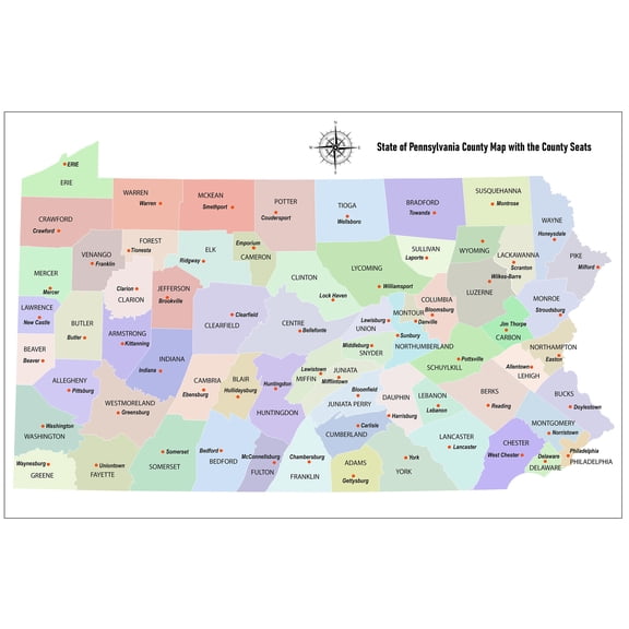 36x24in State of Pennsylvania County Map with the County Seats 【Photo Paper】