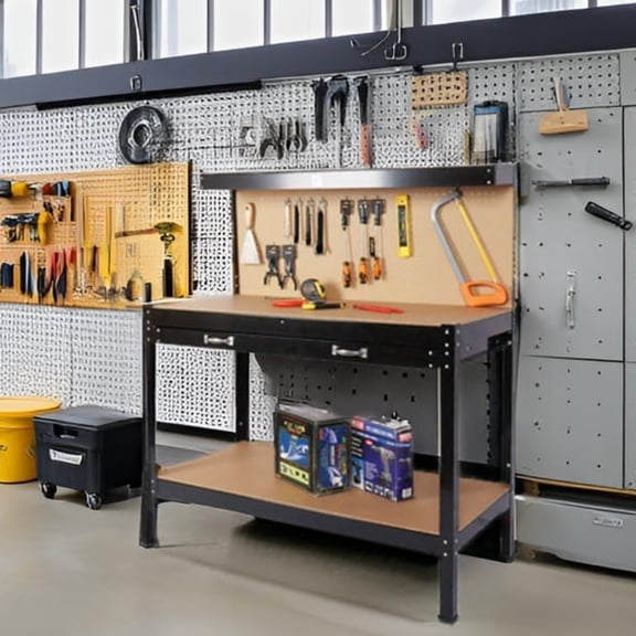 Workbench with Drawer & Pegboard Hooks - 63" Spacious Surface, Tool Storage for Home Workshop