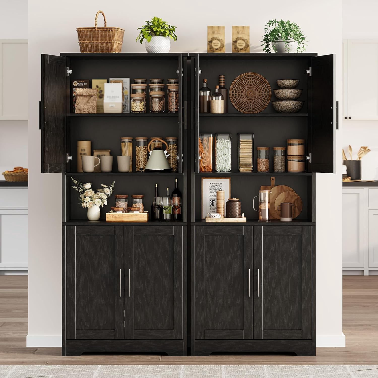 70-Inch Tall Kitchen Pantry Cabinet with 4 Doors and Adjustable Shelves, Freestanding Utility Hutch Cupboard, Black