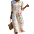 thumbnail image 3 of VBVC Women's and Women's Plus 3/4 Sleeve Midi Dress, Summer Casual Crew Neck Dress For Women, Ladies' Loose Fit Floral Dress with Pockets,Khaki,S-5XL, 3 of 7