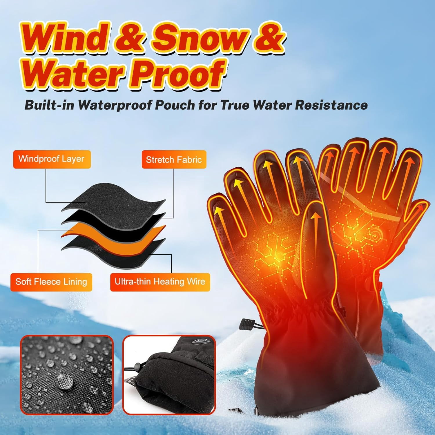 Heated Gloves, Rechargeable Heated Gloves - 3 Modes, Waterproof & Touchscreen - Battery Powered Hand Warmers for Climbing, Hiking, Cycling, Skiing