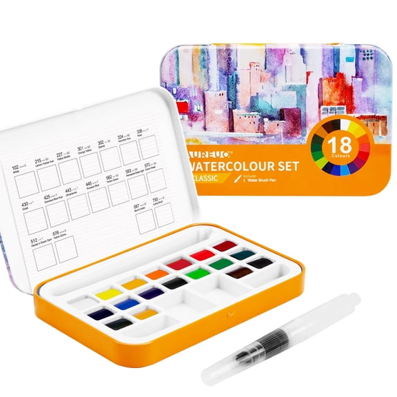 AUREUO 18-Color Watercolor Paint Set with Brush – Portable Travel Art Kit for Adults, Artists & Beginners