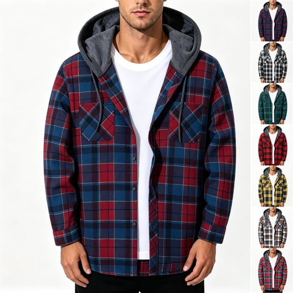 Zenithor Men's Flannel Hoodie Jackets Casual Plaid Zip Up Hooded Shirt Coats for Men,Lightweight Full Zip Shacket with Pockets,L