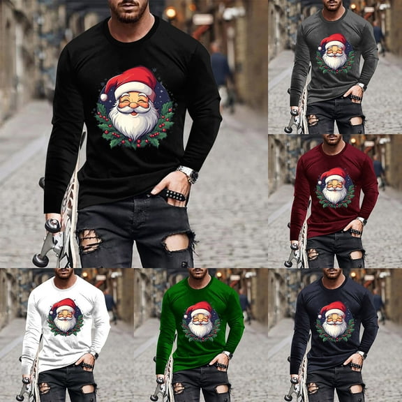 Brondbend Mens Top Christmas Men’s Shirt Long Sleeved Crewneck Pullover Print Stylish Blouse Loose Fit Festival Clothes Black