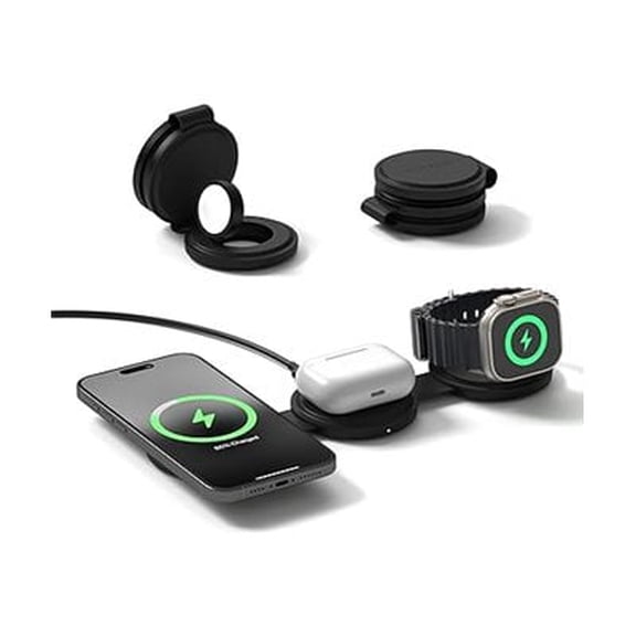 Satechi OntheGo 3 in 1 Wireless Charger, Qi2 Portable Charger with 15W Fast Charging for iPhone 17 to 12 Series, 5W for Apple Watch, and 5W for AirPods, Magnetic Travel Charging Station