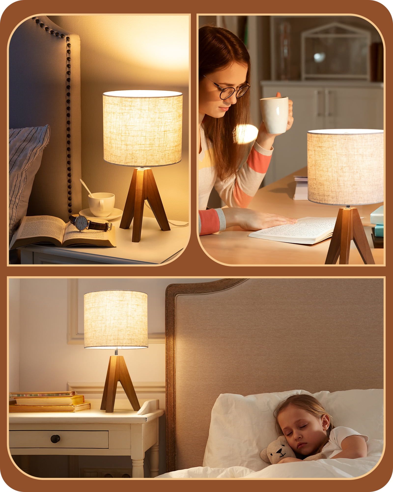 EDISHINE Small Bedside Table Lamp, Geometric Modern Wood Tripod Nightstand Lamp with Soft Light-14.2 inch