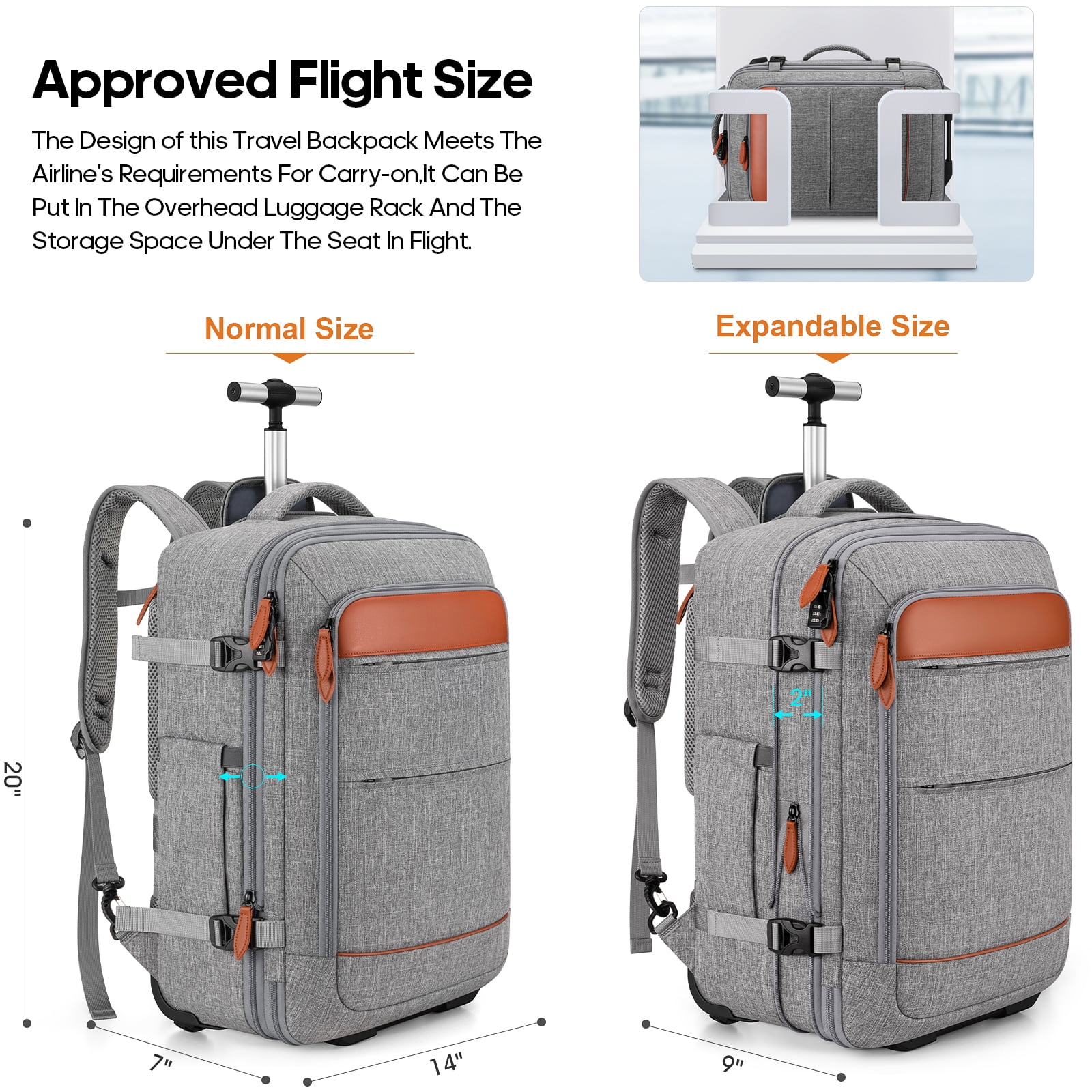 UKEIN Rolling Backpack for Adults Backpack with Wheels with USB Charging Port & Combination Lock Roller Backpack with Packing Cubes and Shoe Pocket