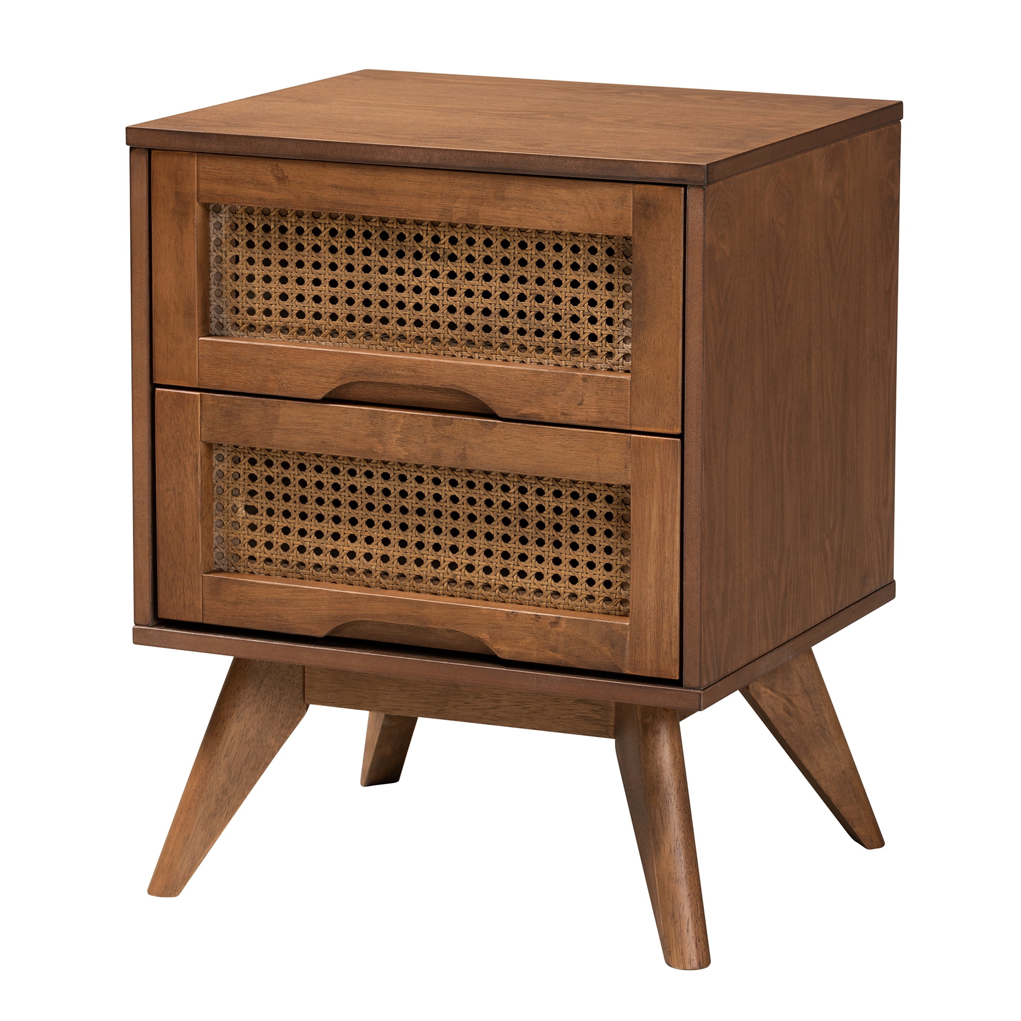 Baxton Studio Rina Mid-Century Modern Ash Walnut Finished Wood 3-Piece Queen Size Bedroom Set with Synthetic Rattan