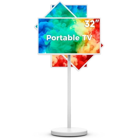 32-Inch Portable Smart Touch Screen TV on Wheels, 1080P Full HD Wireless Monitor with 8-Hour Battery, 128GB Storage, Android 15 OS, Rolling Stand and Remote Control, Multi-Purpose Use