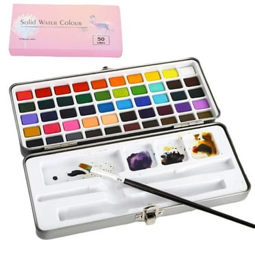 Watercolor Painting Set, 50 Vivid Colors in Portable Box, Include Brush Palette Sponge, Travel Watercolor Set for Children to Adults