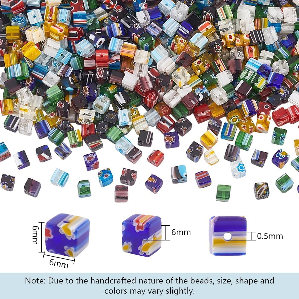 650pcs 6mm Assorted Lampwork Glass Beads Cube Millefiori Beads for Jewelry Making