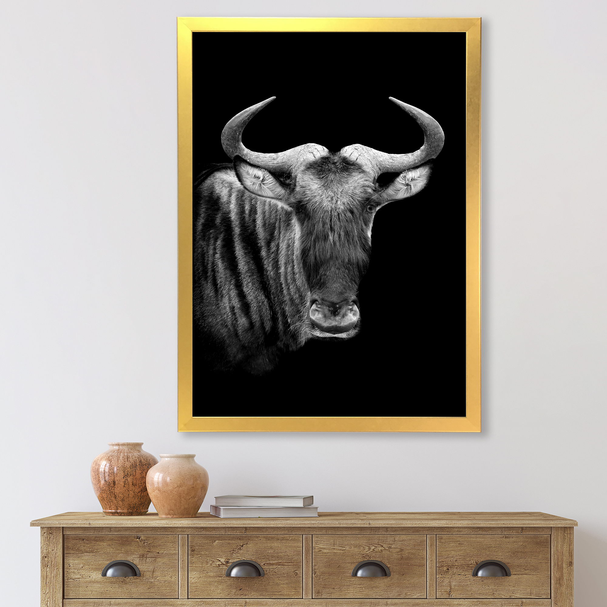 Designart 'Black and White Portrait Of Wildebeest' Farmhouse Framed Art Print