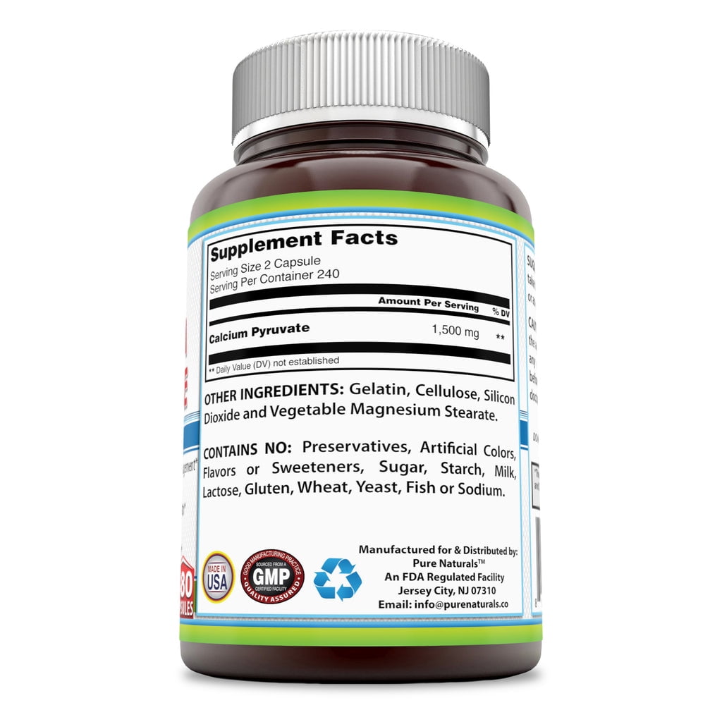 Pure Naturals Calcium Pyruvate 1500mg Per Serving 480 Capsules Supplement | Non-GMO | Gluten Free | Made in USA
