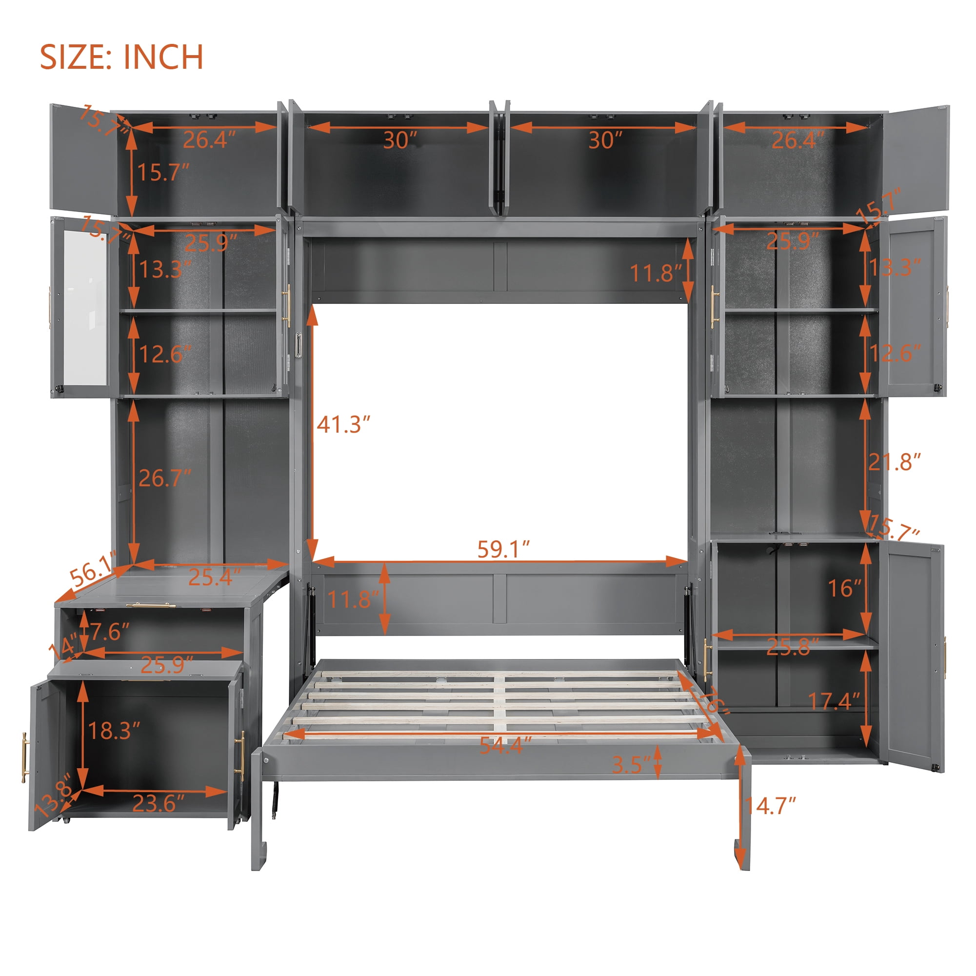Full Size Murphy Bed with Storage Hutch, Writing Desk, USB, LED Lighted for Small Space, Guest Room