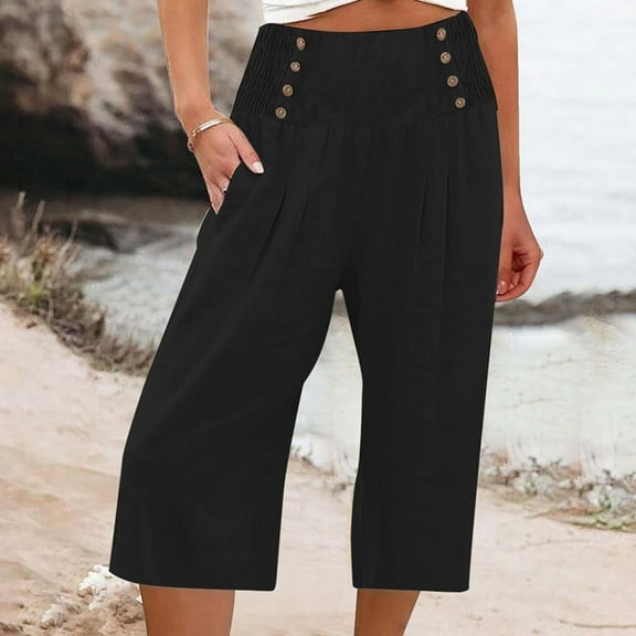 Qetyuw Summer Cotton Linen Capris for Women Solid Comfy Smocked High Waist Wide Leg Cropped Pants Casual Flowy Palazzo Beach Pants with Pockets