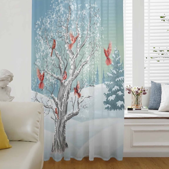 Christmas Blue Semi Sheer Curtains Drapes for Living Room, Bedroom, French Doors Window 54 Inches Long, Cardinal Birds Winter Snowy Tree Rod Pocket Chiffon Curtain Drapery Voile Draperies Panel