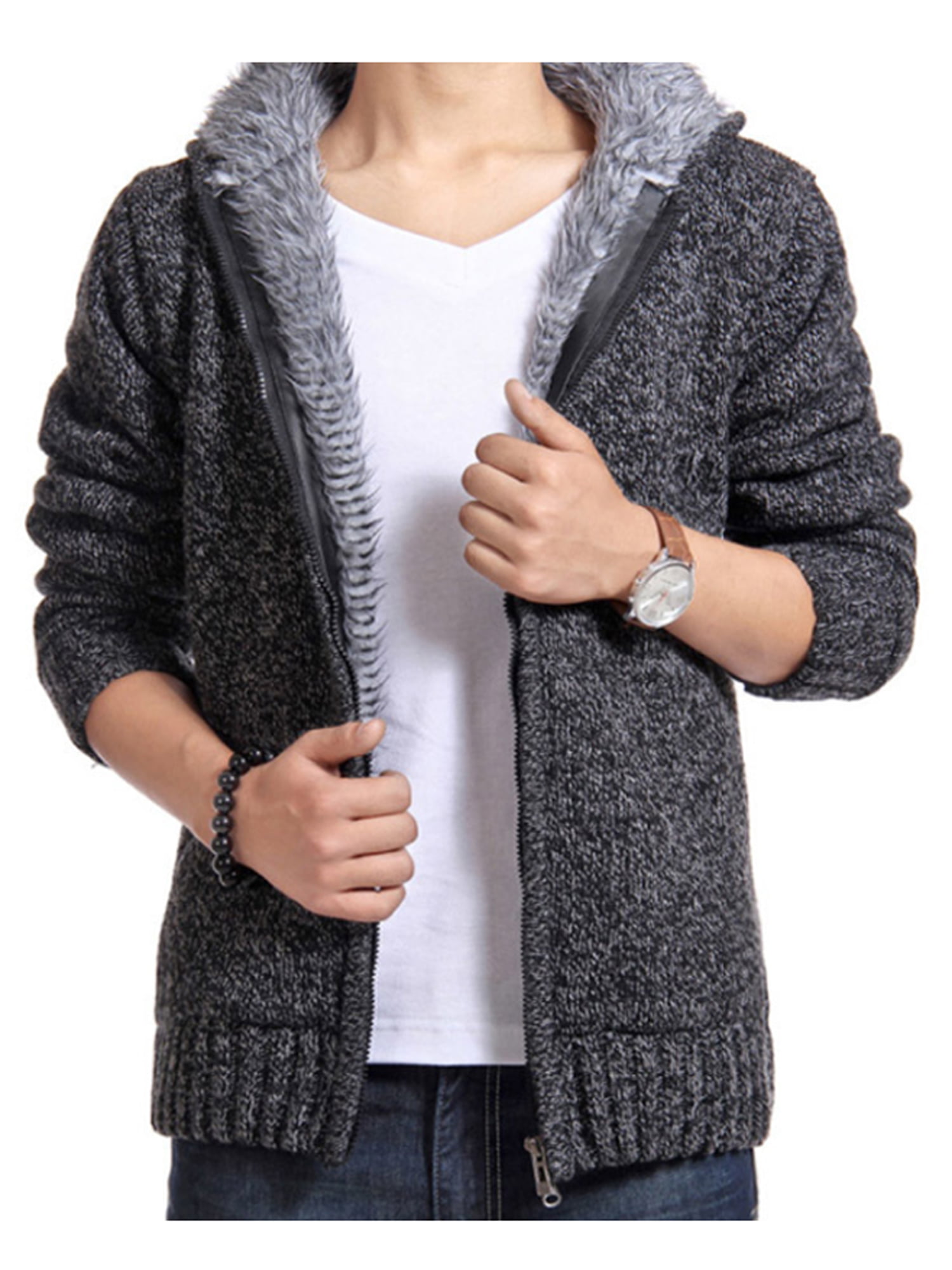 Men's Fleece Lined Winter Knitted Hooded Cardigan Sweater Casual Coat ...
