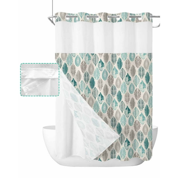 No Hook Shower Curtain with Snap in Liner, Leaves Specimens Teal Green Grey Burlap Background Hotel Shower Curtains for Bathroom, Washable Shower Curtain Liner Set with Mesh Top Window, 60"x72"