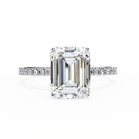 2.56 Carat Emerald Cut Lab Created Diamond 10k White Gold With Hidden Halo Engagement Ring, Pave Set Engagement Promise Ring For Bride