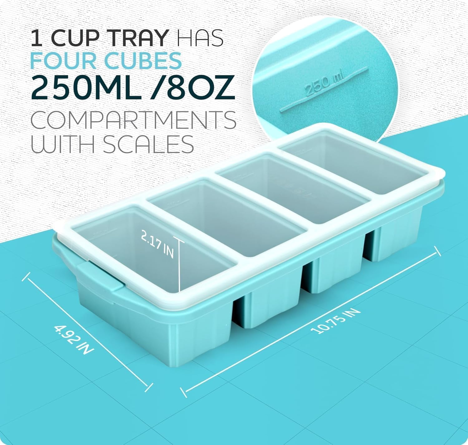 Silicone Freezer Tray With Lid-Soup Freezer Container molds-Large Ice Cube Tray Set Makes 1-Cup & 2-Cup portions cubes (2PCS, A+B)