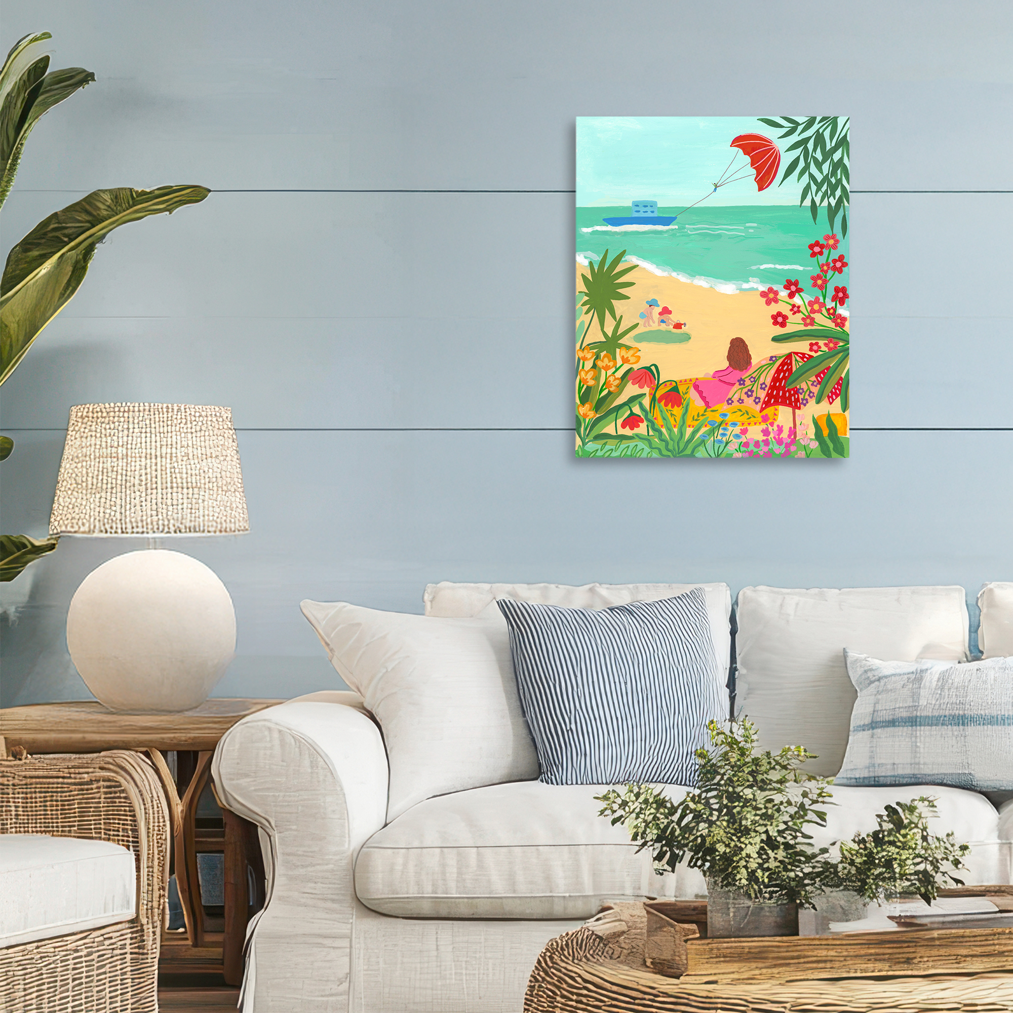 Beach And Flowers View Canvas Wall Art, design by Nabeela Rumi