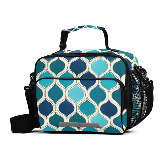 FORMRS Student Lunch Bag Insulated Reusable Cooler Box with Zipper Pockets, Blue Geometric Pattern