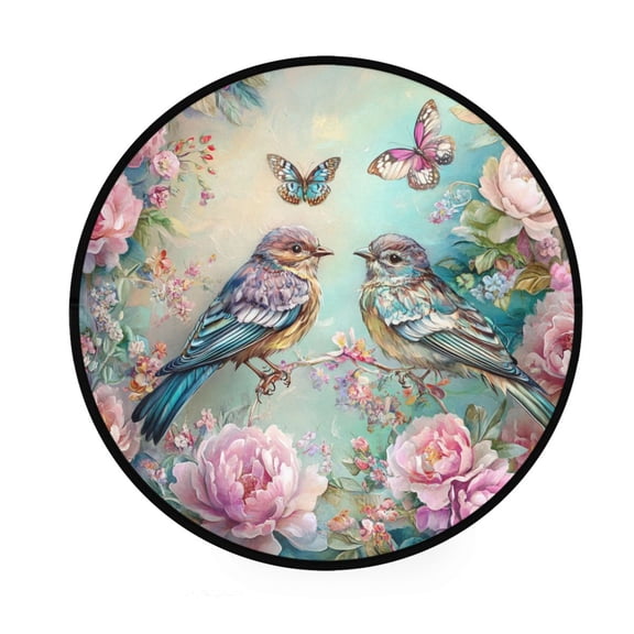 BZSMCE Round Decorative Floor Mat Cute Birds Butterflies Flowers Pattern 36.2IN