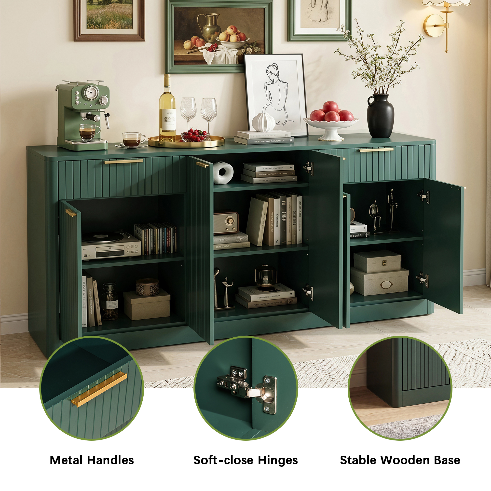 HOQBN 67" Fluted Buffet Sideboard, Modern Storage Cabinet with 6 Doors & 2 Drawers,Large Credenza for Dining Room,Living Room,Entryway,Dark Green
