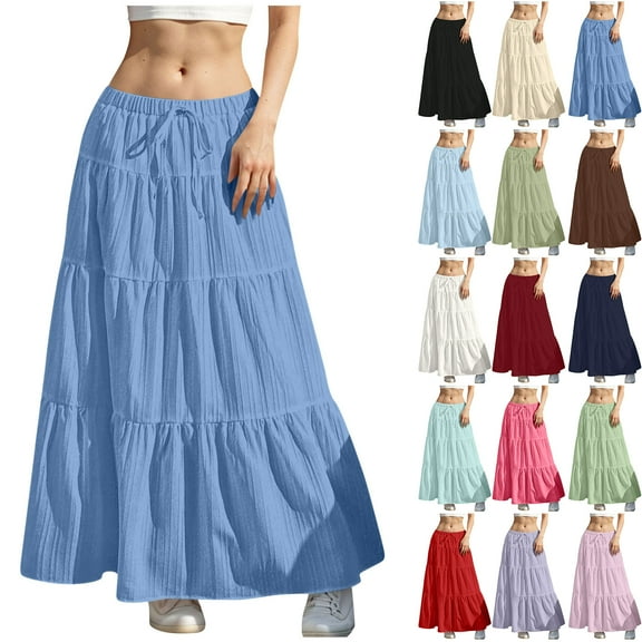 NXMZXB Women's Summer Casual Elegant Smock Layered Tiered Maxi Skirt Drawstring High Waisted A Line Flowy A-Line Long Skirts with Pockets Green L