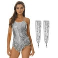 thumbnail image 5 of TiaoBug Womens Latin Modern Jazz Dance Costume Sparkly Sequins Fringe Leotard with Gloves Silver M, 5 of 7