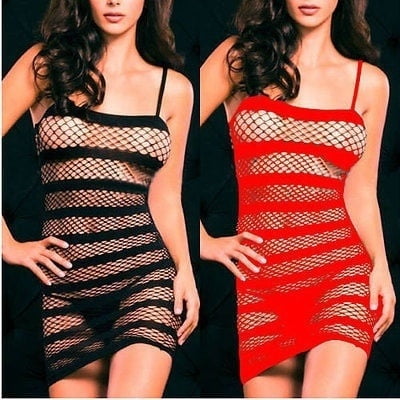 - New Womens Sexy Black/Red Lingerie Sleepwear Underwear Fishnet Stripe Hollow Dress One Size