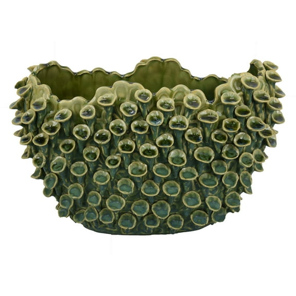Nina Decorative Bowl, Textured Green Ceramic, Abstract Coral 14 Inch