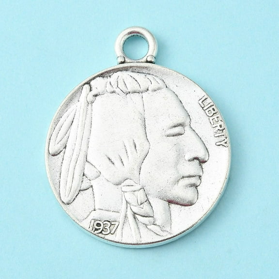 2 pc Antique Silver Tibetan Style Alloy Coin Pendants Flat Round with Indian Head and Buffalo Cadmium Free & Lead Free 40x33x3mm Hole: 4mm