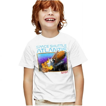 NASA Shuttle Atlantis Kids T Shirt for Youth Boys and Girls, White, Large