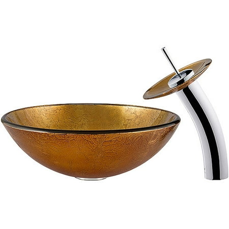 Glass Mosaic Copper Sink - Vigo Liquid Gold Glass Vessel Sink And W
