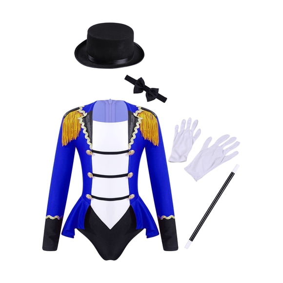 Sinleey Costume de Cirque d'Halloween pour Filles, Justaucorps à Manches Longues avec Nœud Papillon, Chapeau, Baguette Magique, Bleu Royal 4