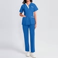 thumbnail image 4 of WTOBBY Women's Fashion V-Neck Short Sleeve Scrubs Set with Pocket, Solid Color Nursing Uniform, Medical Workwear for Caregivers, Stylish and Professional Look,Dark Blue 2XL, 4 of 5