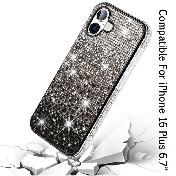 For Apple iPhone 16 Plus (6.7") Glitter Bling Ultra Thin TPU Sparkle Diamond Rhinestone Shiny Full Cover Crystal Stones Back Cover ,Xpm Phone Case [ Black ]