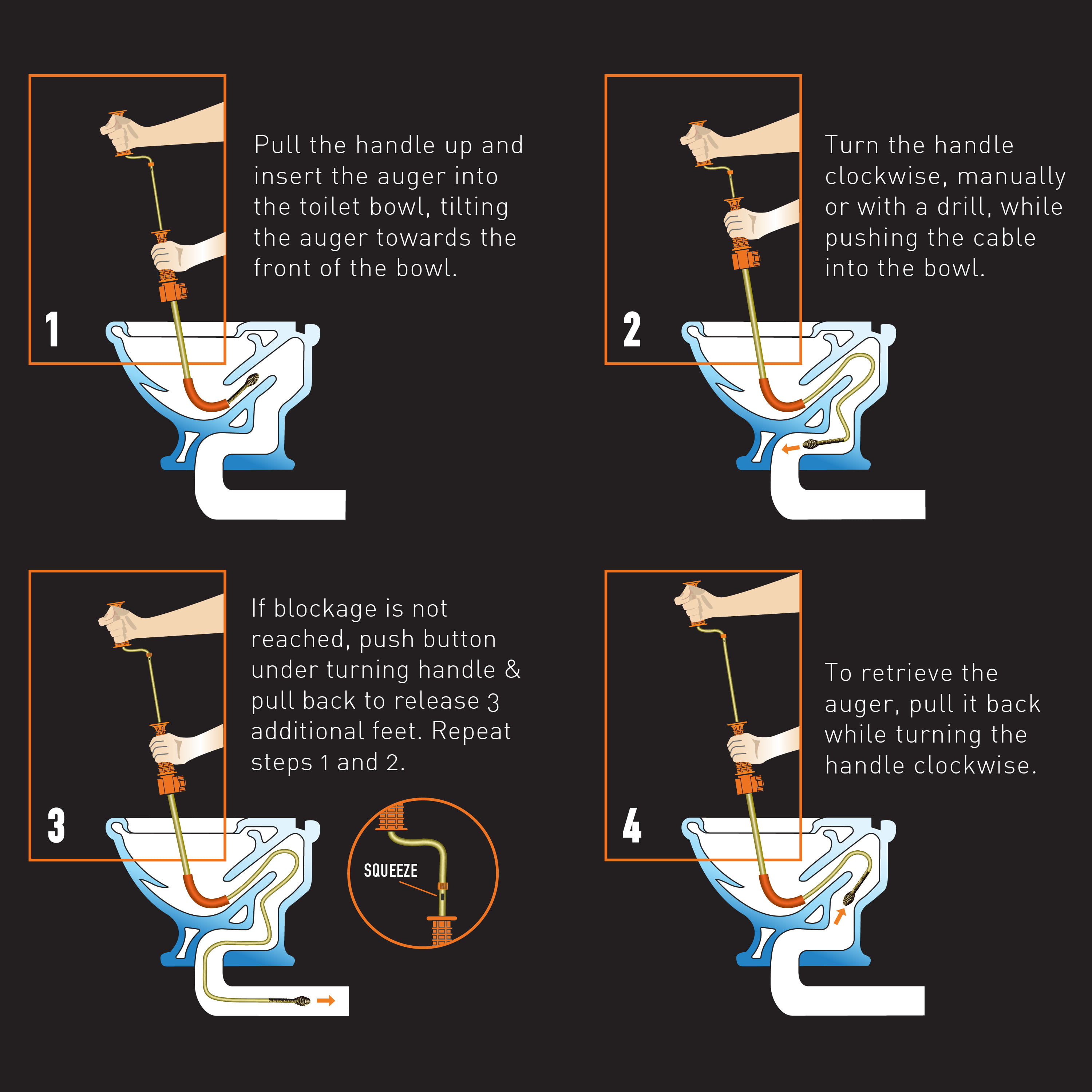 Drainx Swivel Head Toilet Auger Drain Plumbing Snake Use Drill manually 3ft