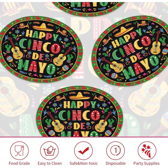 RRFDWQ-50Pcs Cinco De Mayo Oval Paper Plates 10" x 12" Large Disposable Heavy Duty Mexican Fiesta Paper Platters Black Mexico Taco Fiesta Dessert Plates for Mexican Cinco De Mayo Festive Party Suppli