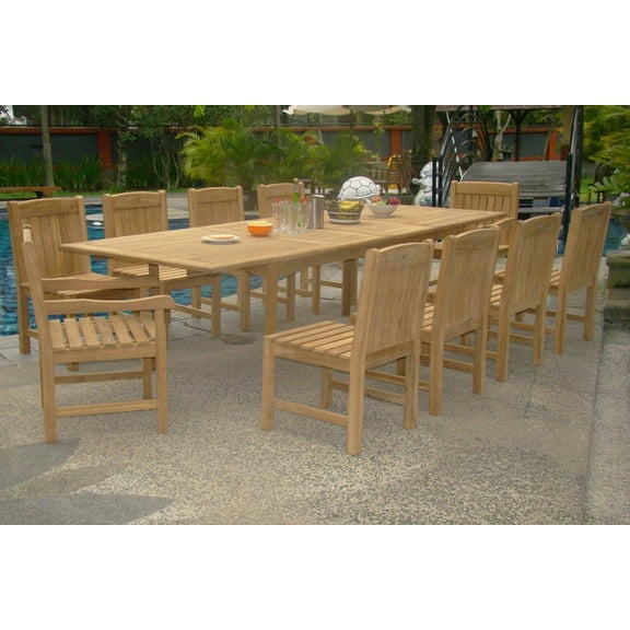 Teak Dining Set:10 Seater 11 Pc - 117" Double Extension Rectangle Table, 8 Armless and 2 Arm / Captain Devon Chairs Outdoor Patio Grade-A Teak Wood WholesaleTeak #WMDSDV8