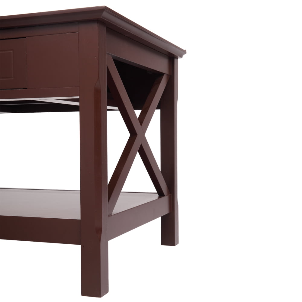 Lowestbest Wood End Table, Cross Solid Wood Legs with 2 Drawer, Tables for Living Room, Brown