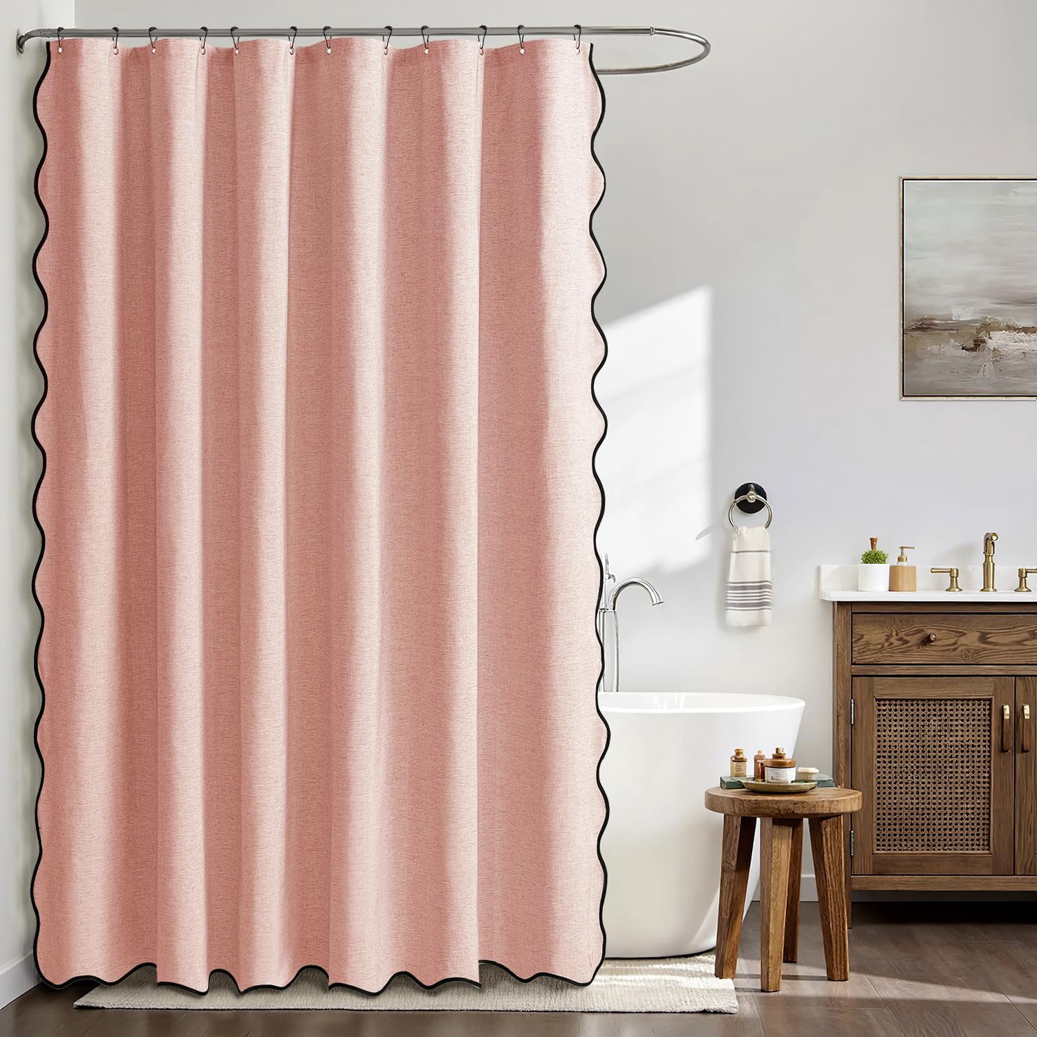 84" Long Scalloped Shower Curtain Linen Textured with 12 Metal Hooks Cute Extra Long Heavy Duty Washable Waterproof Cloth Curtains with Black Border for Bathroom Hotel Bathtub,Blush Pink