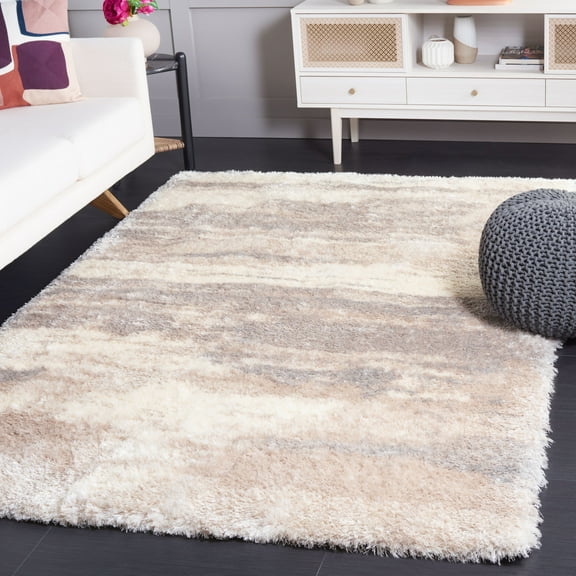 SAFAVIEH Cloud Hiram Distressed Polyester Shag Area Rug, Ivory/Gray, 5'3" x 7'7"
