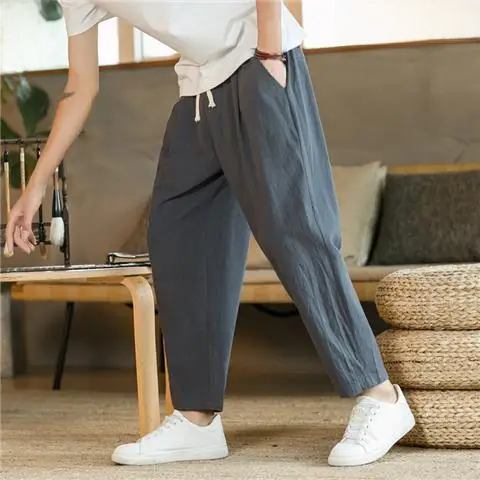 Pantalones casuales de lino para hombres, pantalones holgados de pierna recta, pantalones cortos de lino de algodón fino de verano de estilo chino