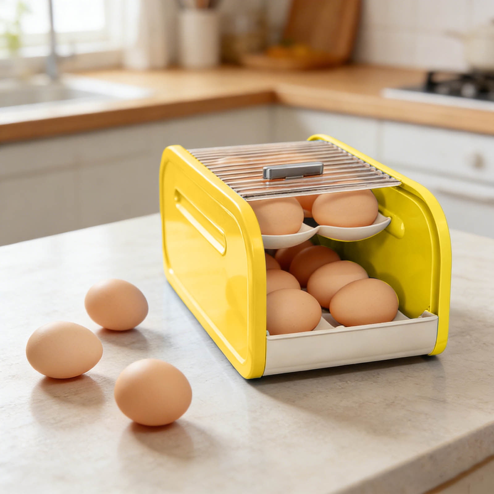 Refrigerator Egg Storage Rack Organizer - Automatic Rolling Rotating Egg Holder, Space Saving Expandable Kitchen Fridge Shelf for Eggs & Food Containers