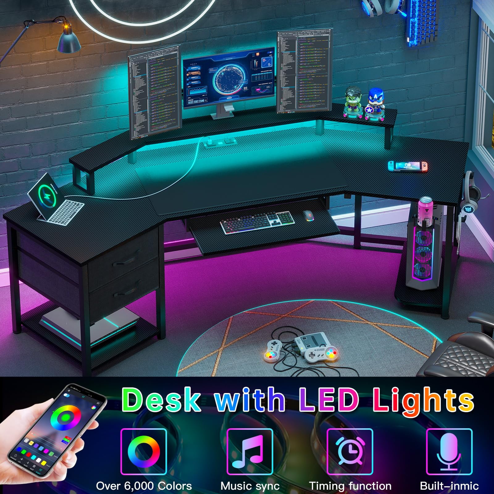 79" Gaming Desk, Computer Desk with 2 Fabric Drawers & LED Light, L Shaped Gaming Desk with Storage Shelf for Home Office, Carbon Fiber Black