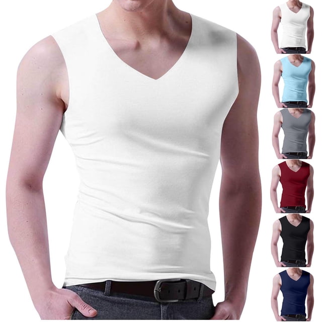 Sentmoon Men Tank Tops and Sleeveless V Neck Summer Compression Shirt Men Solid Color Moisture Wicking Loose Oversized Mens Workout Clothes Vacation for Layering Under Shirts XXXXL